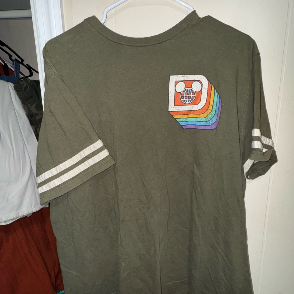 Disney Olive Green Short Sleeve T-Shirt with Rainbow Graphic